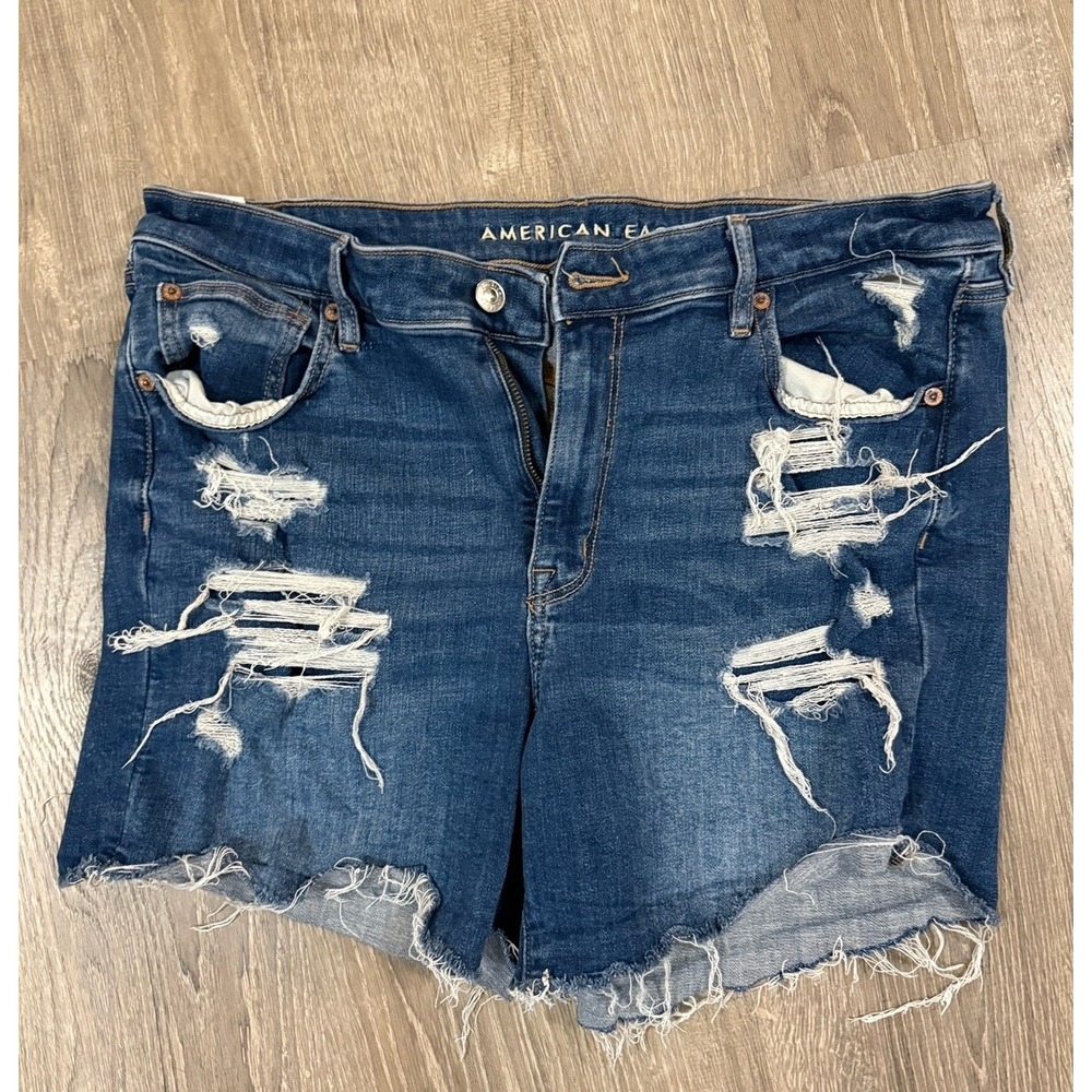 American Eagle High V-Rise Shortie Distressed Denim Shorts Size 16 Blue Stretch